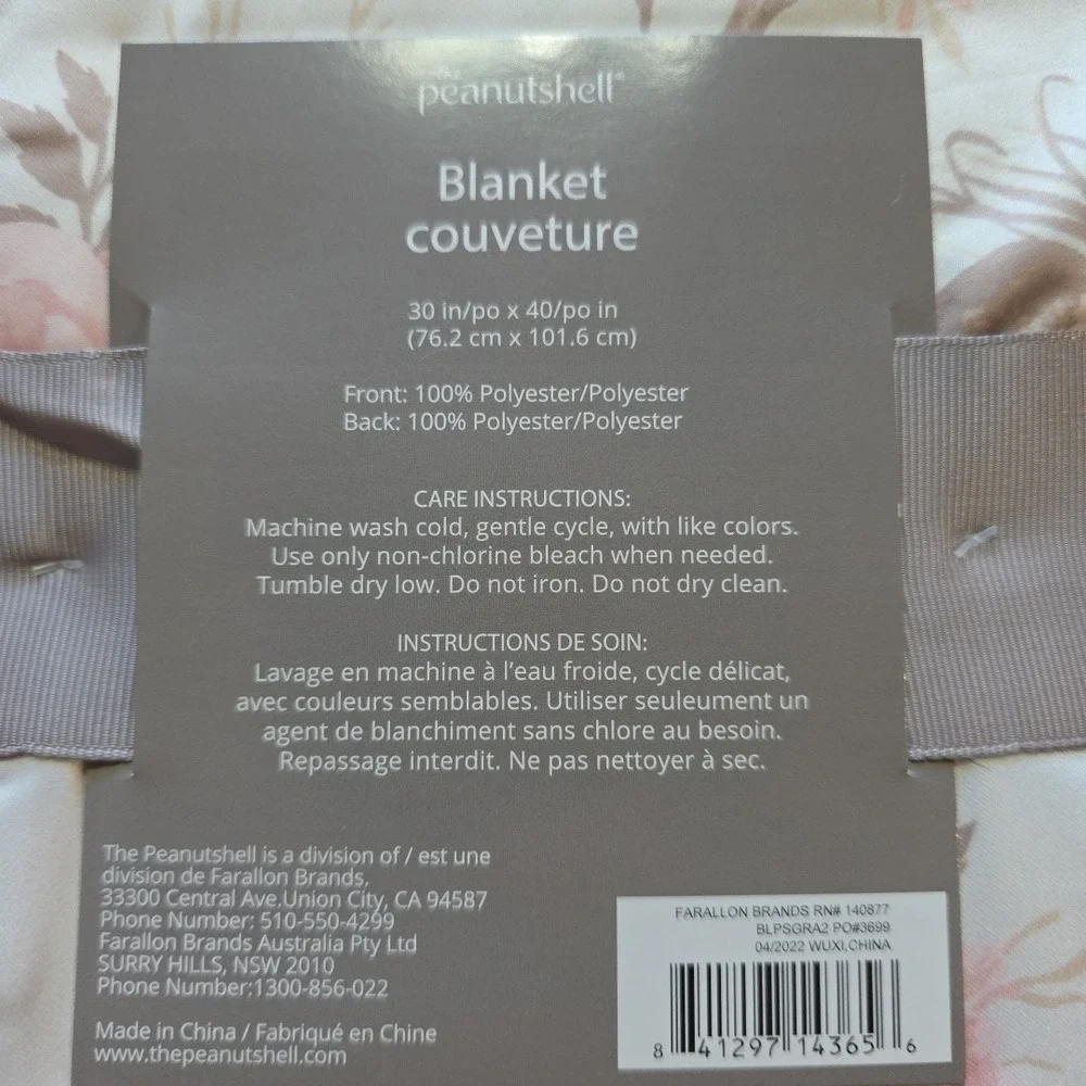 The Peanut Shell Cream Pink Rose Print Satin Back Ruffle Trim Baby Blanket